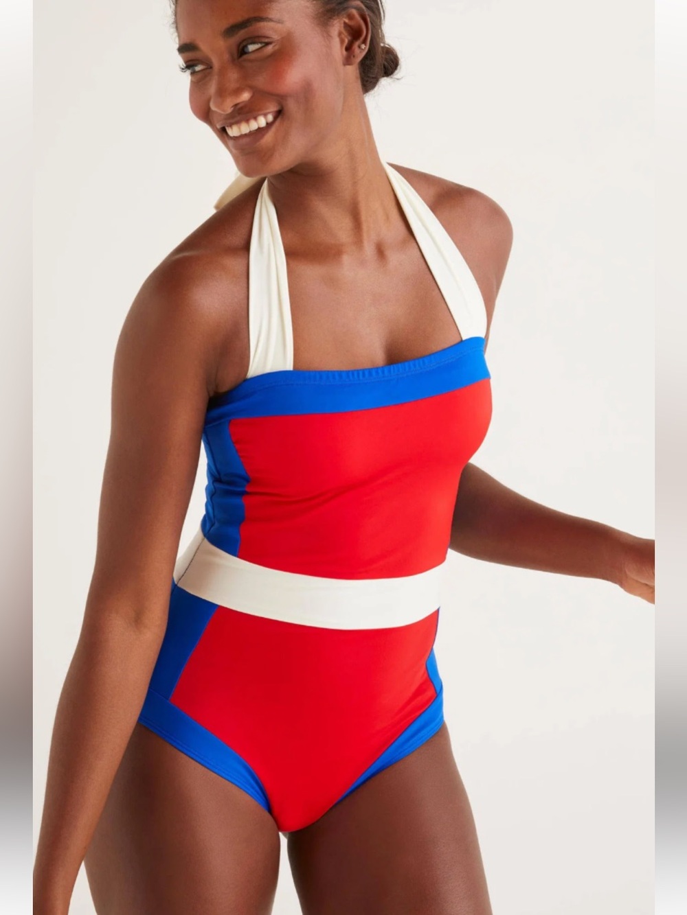 Boden Red, Blue and White Halter One-Piece Swimsuit with Waistband